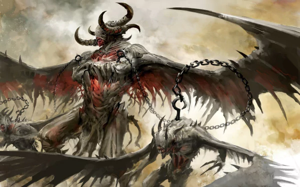 HD Guild Wars 2 PC desktop wallpaper featuring a menacing demonic creature with large wings, chains, and glowing red accents in a dark, fiery environment.