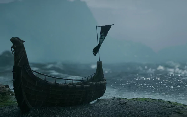 HD desktop wallpaper from Dragon Age: Inquisition showing a boat on a rainy shore with waves crashing under a misty sky by the sea.