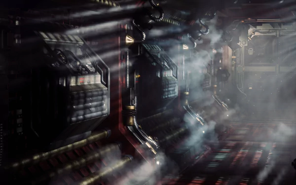 A captivating 4K Ultra HD wallpaper from the video game Alien: Isolation, featuring a dimly lit corridor with dramatic lighting and mist, evoking a sense of suspense and intrigue.