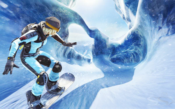 HD PC desktop wallpaper from SSX 3: a snowboarder in blue gear carving through a twisting ice chute amid dynamic snowy mountain action.