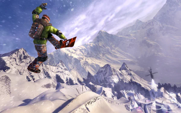 SSX 3 video game HD PC desktop wallpaper and background — snowboarder launching into an aerial trick above jagged snow‑covered peaks and a vast winter mountain landscape.