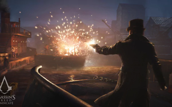 Jacob Frye aiming a gun amid an explosive scene at night in Assassin's Creed: Syndicate, rendered in stunning 4K Ultra HD for PC desktop wallpaper.