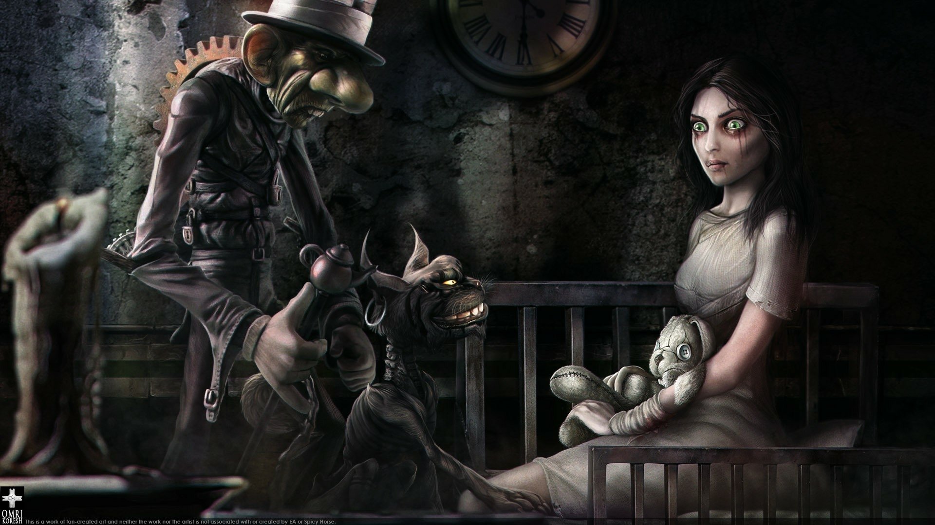 HD PC desktop wallpaper from the video game American McGee's Alice — gaunt Alice clutching a doll as a grotesque, clockwork Mad Hatter looms in a decayed room beneath a broken clock.