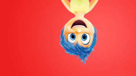 HD desktop wallpaper featuring Joy from the movie Inside Out. Joy is depicted upside down against a vibrant red background, showcasing her cheerful expression.