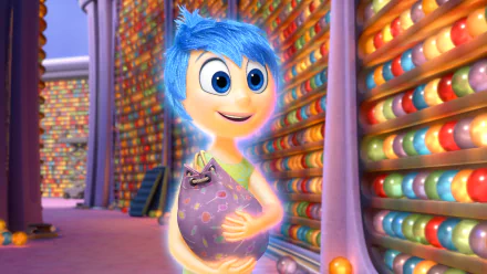 A vibrant 4K Ultra HD desktop wallpaper featuring Joy from the movie Inside Out, holding a colorful glowing object in a bright, candy-filled setting.
