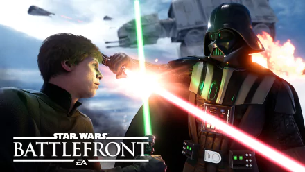Darth Vader and Luke Skywalker engage in an epic lightsaber duel in this HD wallpaper from Star Wars Battlefront (2015), capturing the intense action of the iconic video game.