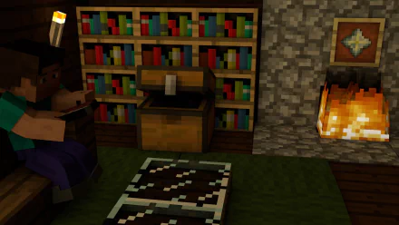 Minecraft HD desktop wallpaper featuring a cozy room with a character sitting, bookshelves, an open chest, and a lit fireplace in the background.