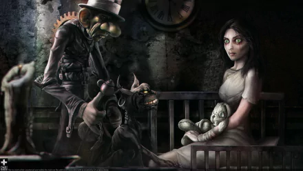 HD PC desktop wallpaper from the video game American McGee's Alice — gaunt Alice clutching a doll as a grotesque, clockwork Mad Hatter looms in a decayed room beneath a broken clock.