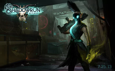 HD desktop wallpaper featuring a cyberpunk character from the video game Shadowrun Returns, set in a dark futuristic urban environment.