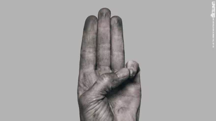 Grayscale three-finger salute from The Hunger Games: Mockingjay - Part 2 on a gray background, 2K Quad HD PC desktop wallpaper