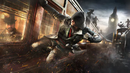 HD desktop wallpaper of Jacob Frye from Assassin's Creed: Syndicate, dynamically leaping from a train with Big Ben in the background.