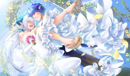 A vibrant HD wallpaper featuring Ciel and Lu from the video game Elsword. They share a joyful moment in wedding attire amidst a floral backdrop, showcasing an enchanting celebration.