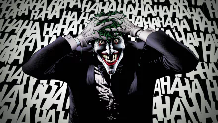 A captivating HD desktop wallpaper features the Joker, exuding chaotic energy with a manic smile, surrounded by a backdrop of bold HAHAHA illustrations.