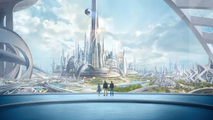 A vibrant HD wallpaper from the movie Tomorrowland, showcasing a futuristic cityscape with sleek architecture and a striking skyline under a bright sky.