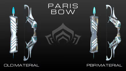 HD desktop wallpaper featuring the Paris Bow weapon from Warframe, showcasing both old and PBR material designs in a sleek video game-themed background.