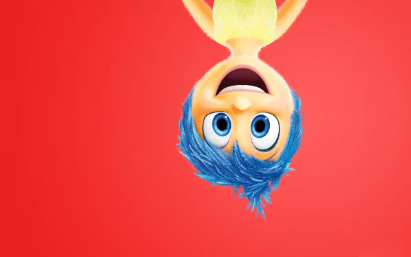 HD desktop wallpaper featuring Joy from the movie Inside Out. Joy is depicted upside down against a vibrant red background, showcasing her cheerful expression.