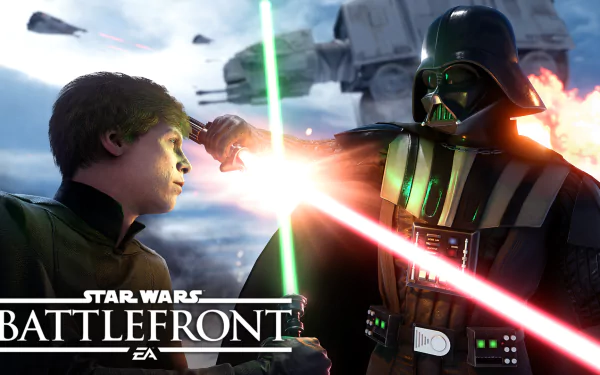 Darth Vader and Luke Skywalker engage in an epic lightsaber duel in this HD wallpaper from Star Wars Battlefront (2015), capturing the intense action of the iconic video game.