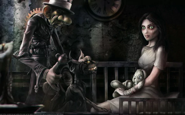 HD PC desktop wallpaper from the video game American McGee's Alice — gaunt Alice clutching a doll as a grotesque, clockwork Mad Hatter looms in a decayed room beneath a broken clock.