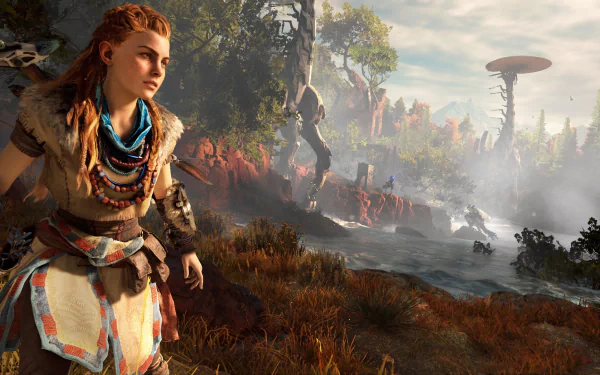 Image of Aloy from the video game Horizon Zero Dawn, featuring a detailed landscape with rivers and futuristic structures under a clear sky. HD desktop wallpaper and background.