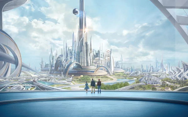 A vibrant HD wallpaper from the movie Tomorrowland, showcasing a futuristic cityscape with sleek architecture and a striking skyline under a bright sky.