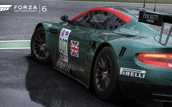 HD PC desktop wallpaper featuring a detailed racing car from the video game Forza Motorsport 6 on a wet track.