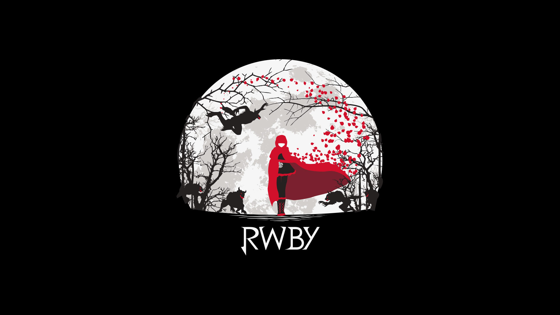 A striking HD desktop wallpaper featuring a character from RWBY, adorned in a red cloak, set against a dynamic backdrop of swirling petals and shadowy trees.