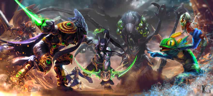 Video game Heroes of the Storm 4K Ultra HD PC desktop wallpaper: dynamic montage of champions — armored warrior, spectral assassin, arachnid beast and frog mage clashing beneath a stormy sky.