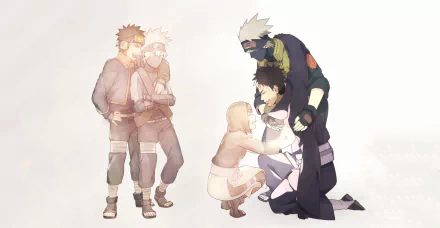 HD desktop wallpaper featuring anime characters Rin Nohara, Obito Uchiha, and Kakashi Hatake from Naruto. The image shows emotional interactions between the characters, capturing a heartfelt moment.