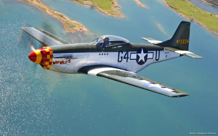 HD desktop wallpaper of a North American P-51 Mustang military aircraft flying over water and land, showcasing its sleek design and historical markings.