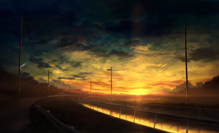 HD anime-style desktop wallpaper featuring a vibrant sunset over a scenic railway track and power lines against a dramatic sky.