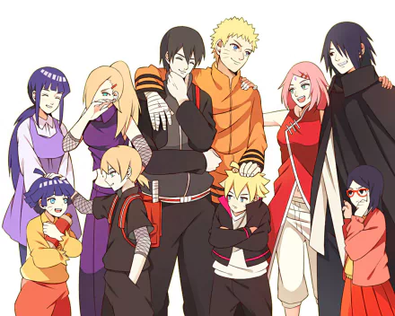 HD desktop wallpaper featuring characters from Naruto and Boruto, including Naruto Uzumaki, Sasuke Uchiha, Hinata Hyuga, and others in a smiling group pose.