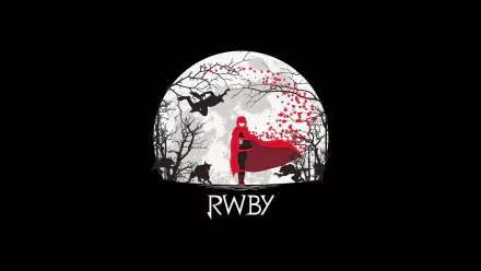 A striking HD desktop wallpaper featuring a character from RWBY, adorned in a red cloak, set against a dynamic backdrop of swirling petals and shadowy trees.
