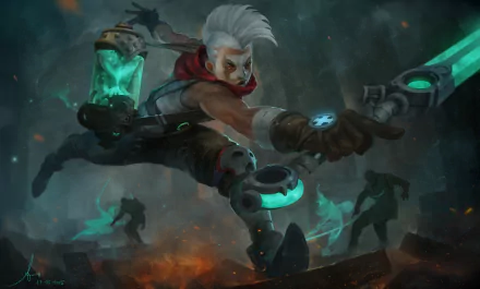 Dynamic artwork of Ekko from League of Legends, showcasing his agility and futuristic weaponry against a dramatic, shadowy backdrop. A striking HD wallpaper for fans of the game.