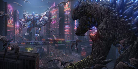 A 4K Ultra HD sci-fi battle scene featuring a massive robot and a giant monster facing off in a neon-lit futuristic cityscape, captured in detailed PC desktop wallpaper quality.