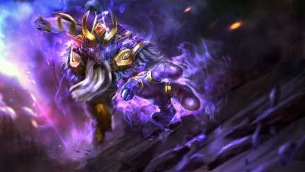 HD PC desktop wallpaper featuring a dynamic, glowing character from the video game DotA 2 surrounded by purple energy and dark, smoky effects.