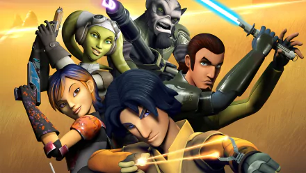 A dynamic scene from the TV show Star Wars Rebels, featuring a group of characters with lightsabers, showcasing action and camaraderie in a vibrant, animated style.