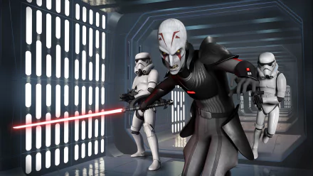 HD PC desktop wallpaper featuring The Inquisitor and two stormtroopers from the TV show Star Wars Rebels in a dimly lit, futuristic corridor.