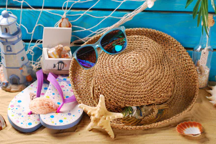 thongs hat sunglasses summer photography holiday HD Desktop Wallpaper | Background Image