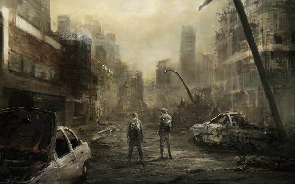 A haunting post-apocalyptic scene featuring two figures standing amidst a desolate urban landscape, with abandoned cars and crumbling buildings, captured in vibrant HD detail.