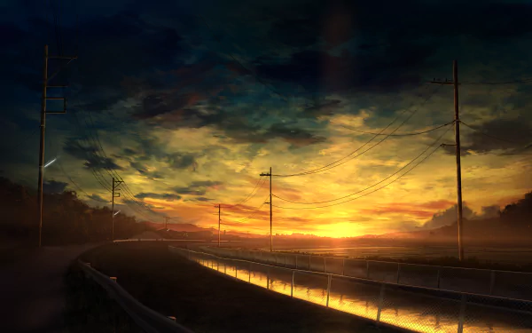 HD anime-style desktop wallpaper featuring a vibrant sunset over a scenic railway track and power lines against a dramatic sky.