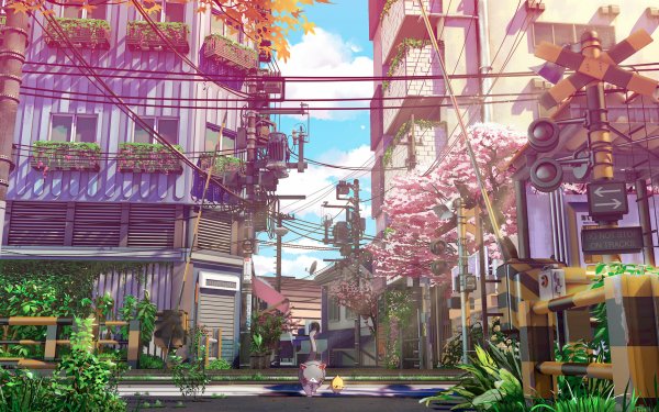 Anime Original City Tree Cat House HD Wallpaper | Background Image