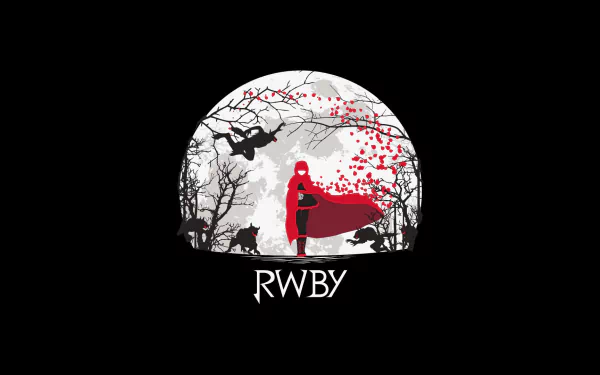 A striking HD desktop wallpaper featuring a character from RWBY, adorned in a red cloak, set against a dynamic backdrop of swirling petals and shadowy trees.