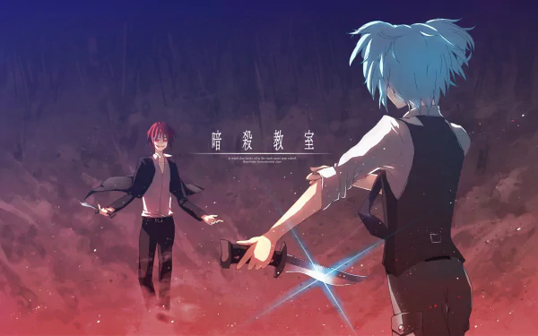 HD desktop wallpaper of Nagisa Shiota facing Karma Akabane from the anime Assassination Classroom. Karma is holding a knife, and the background blends dark and reddish tones, creating a tense atmosphere.