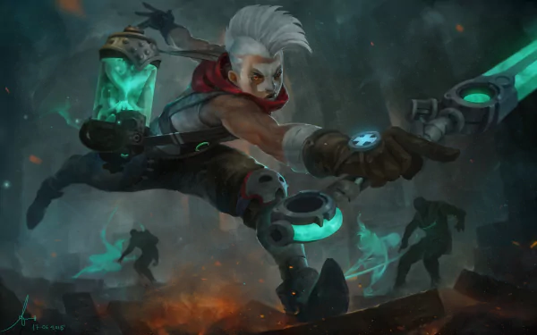 Dynamic artwork of Ekko from League of Legends, showcasing his agility and futuristic weaponry against a dramatic, shadowy backdrop. A striking HD wallpaper for fans of the game.