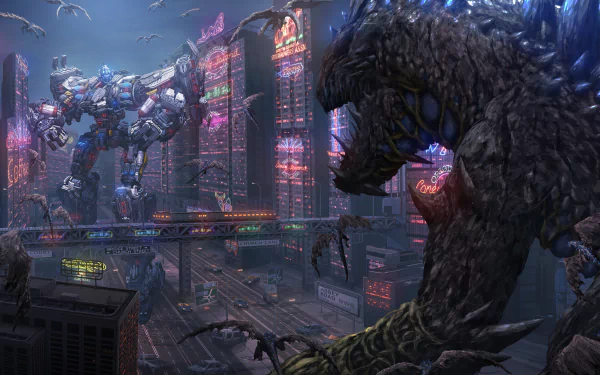 A 4K Ultra HD sci-fi battle scene featuring a massive robot and a giant monster facing off in a neon-lit futuristic cityscape, captured in detailed PC desktop wallpaper quality.