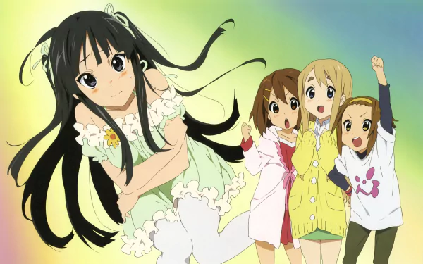 Anime-style 4K Ultra HD K-ON! wallpaper featuring four cheerful girls in colorful outfits against a soft green background, designed for PC desktop use.