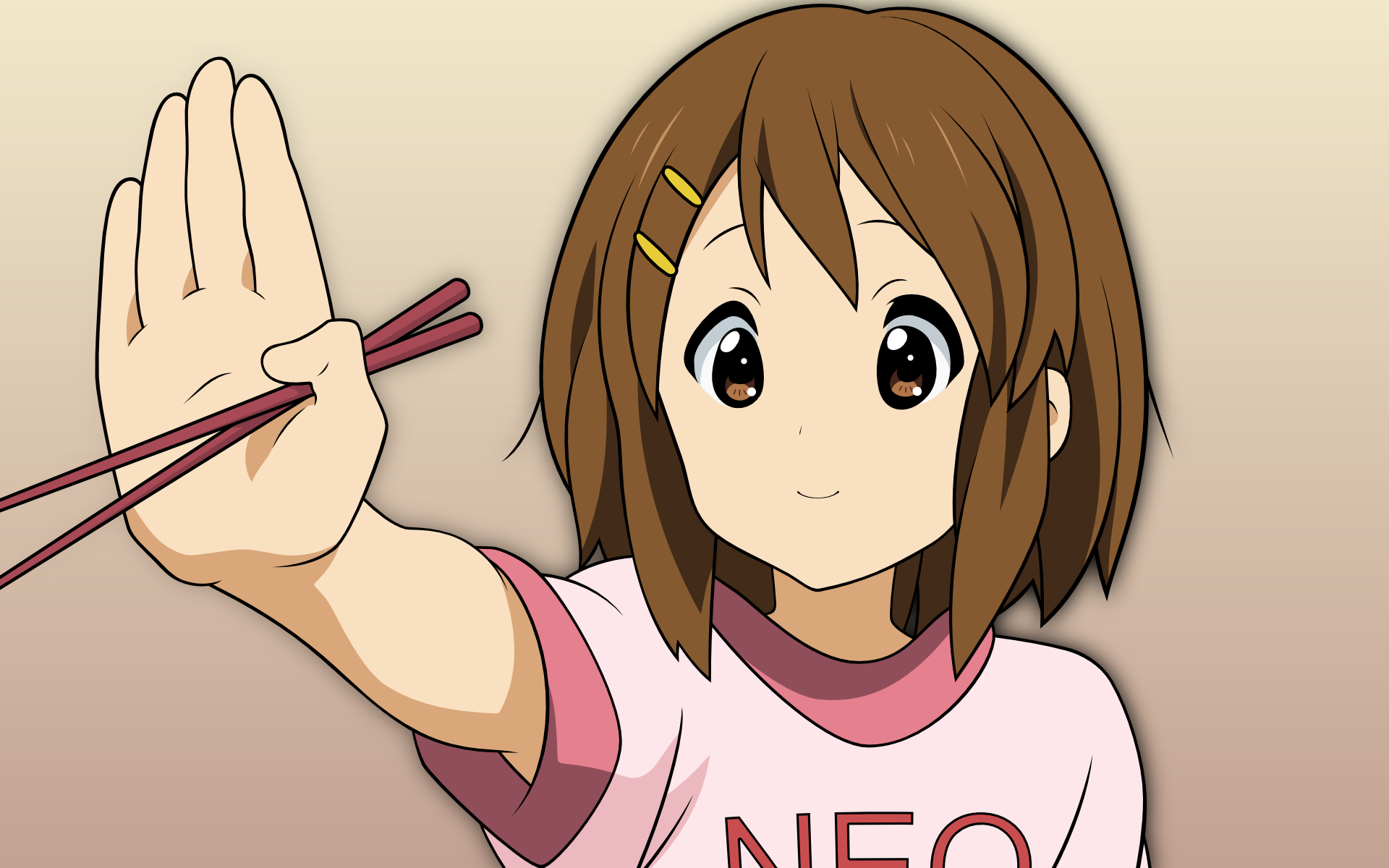 HD anime desktop wallpaper featuring Yui Hirasawa from K-ON! holding chopsticks with a confident expression against a simple beige background.