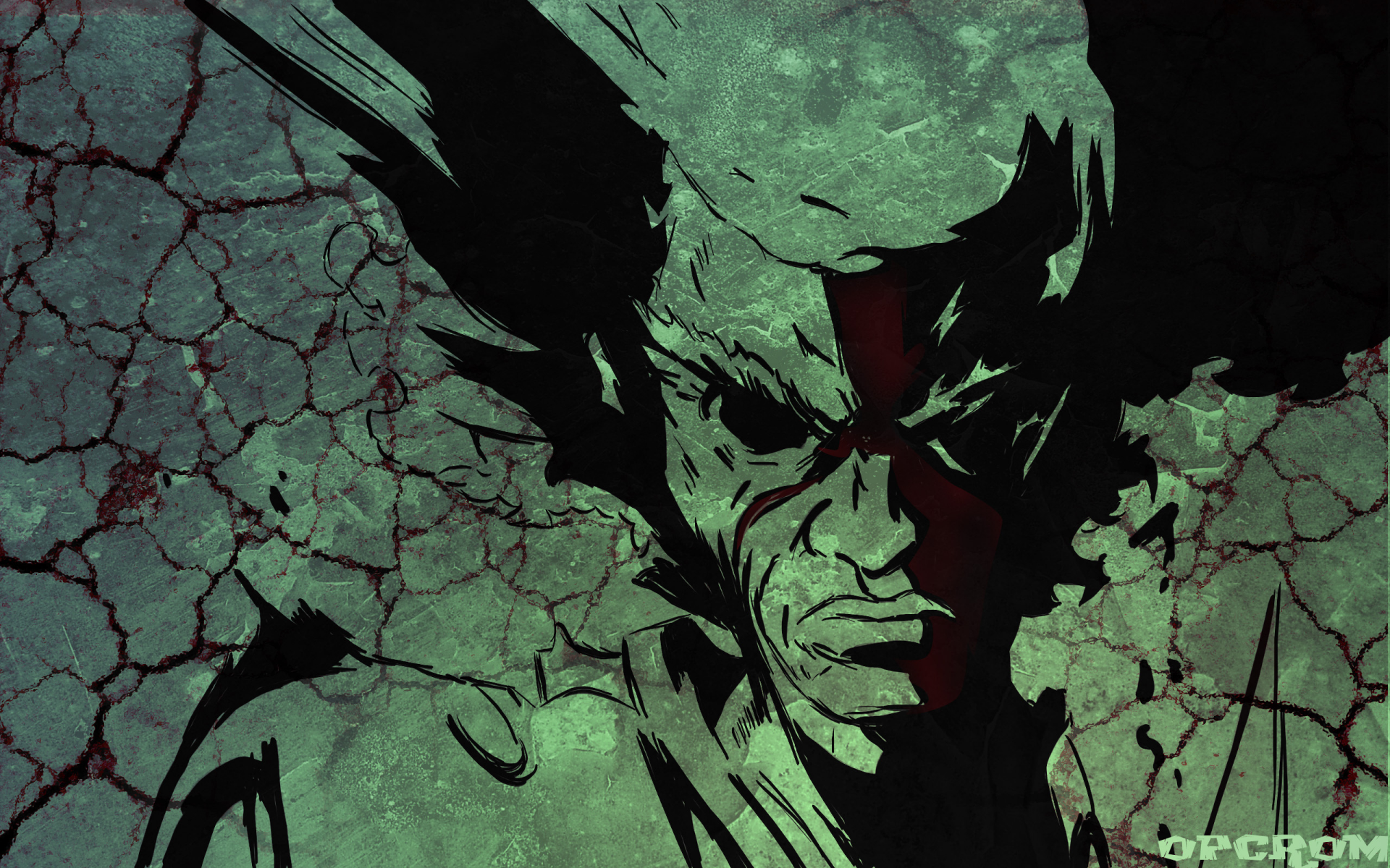 HD PC desktop wallpaper featuring a dark, textured anime-style portrait of Afro Samurai with a cracked, greenish background.