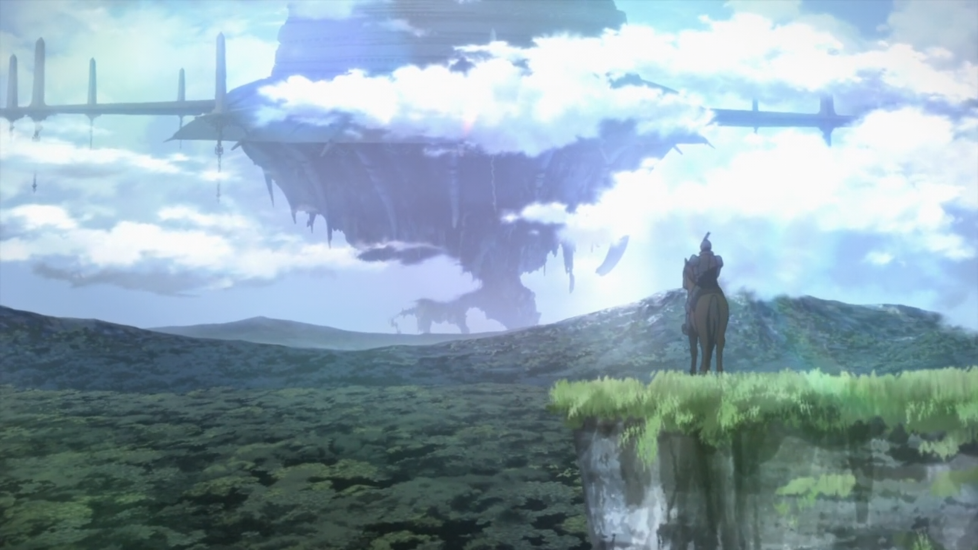 Anime HD desktop wallpaper from Sword Art Online featuring a lone figure on horseback overlooking a vast landscape with a floating fortress in the sky.