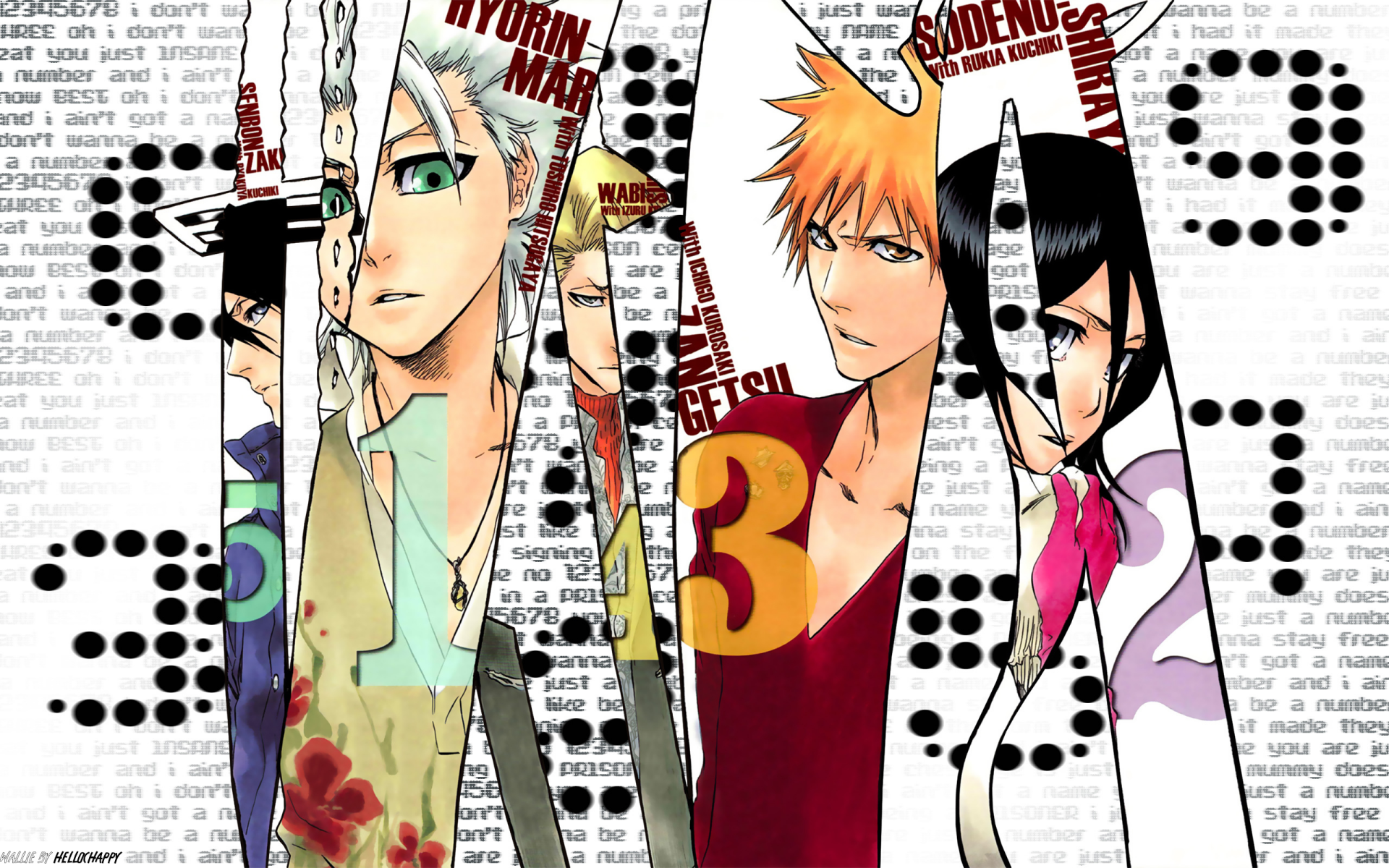 HD PC desktop wallpaper featuring Izuru Kira, Byakuya Kuchiki, Tōshirō Hitsugaya, Rukia Kuchiki, and Ichigo Kurosaki from the anime Bleach in a dynamic collage style.